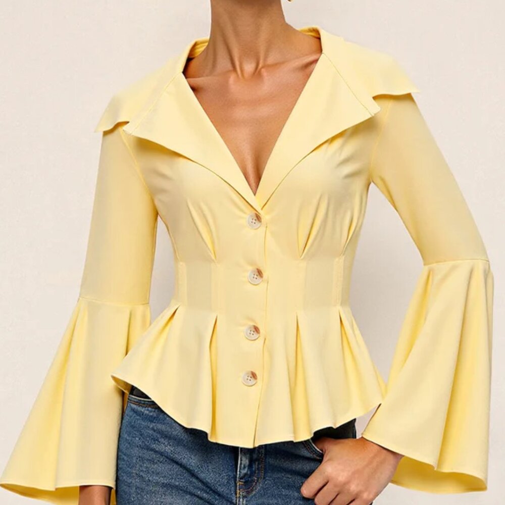 NWT Lapel-Collar Bell Sleeve Peplum Shirt